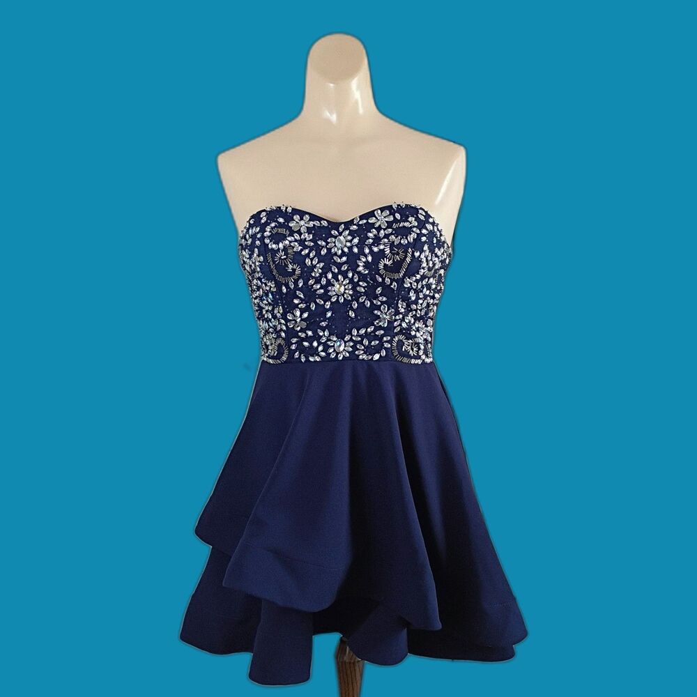 B. Darlin Blue Rhinestone Strapless Formal Dress 5/6 Prom HOCO Flouncy Short